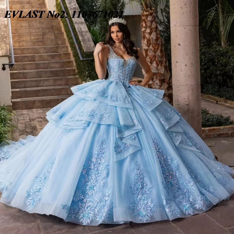 

EVLAST Customized Blue Ball Gown Quinceanera Dress Cap Sleeve Lace Applique Beading Tiered Sweet 16 Vestidos De 15 Anos E2Q49