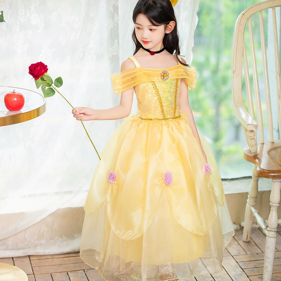 Princesa Belle Cosplay Dress com luz LED para criança, beleza e a fera, fora do ombro, rosa floral, traje de Halloween, roupas de Natal