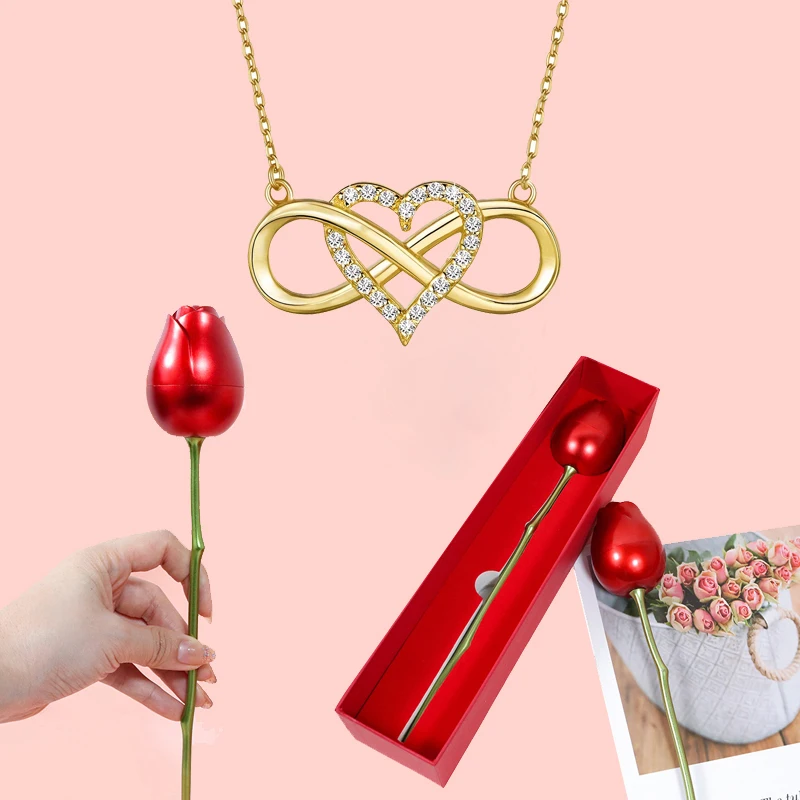 

Heart Zircon Necklace Pendant With Roses Flower Box Gift For Mother's Day 2024 New Luxury Romantic Wedding Fashion Jewelry