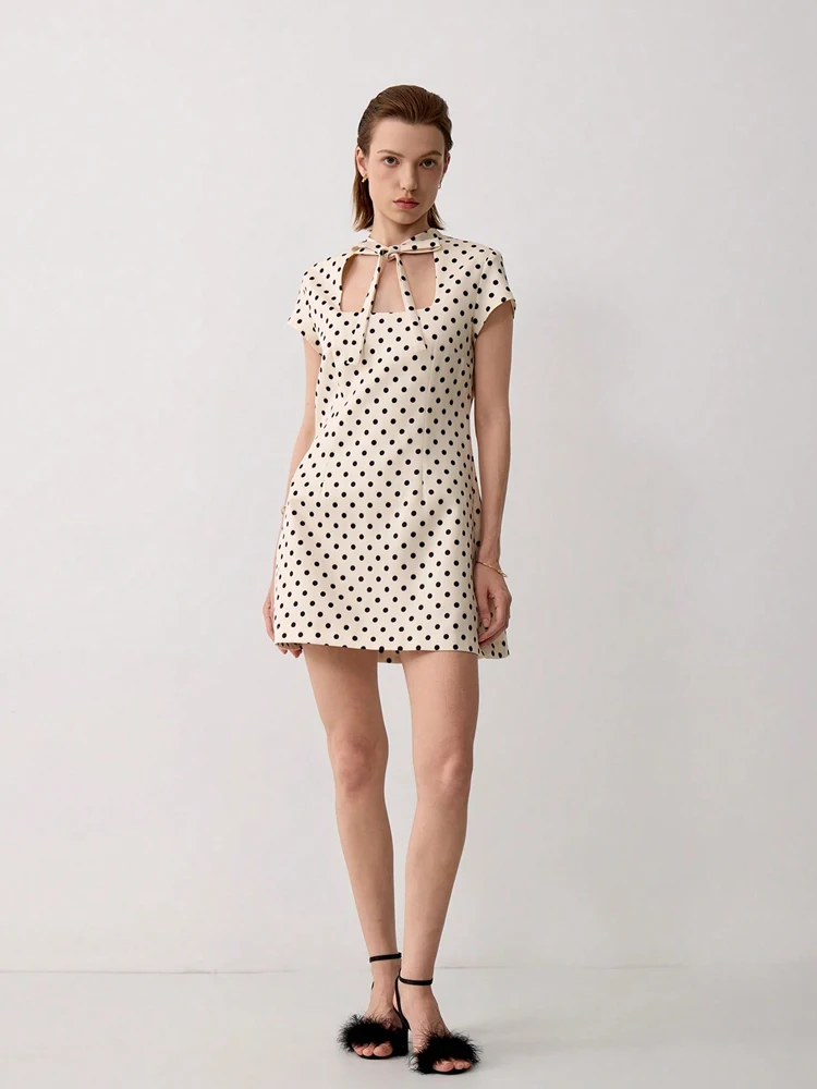 Damen-Minikleid mit Polka-Dot-Print, Frontschleife und kurzen Ärmeln für Partys – Detail 5