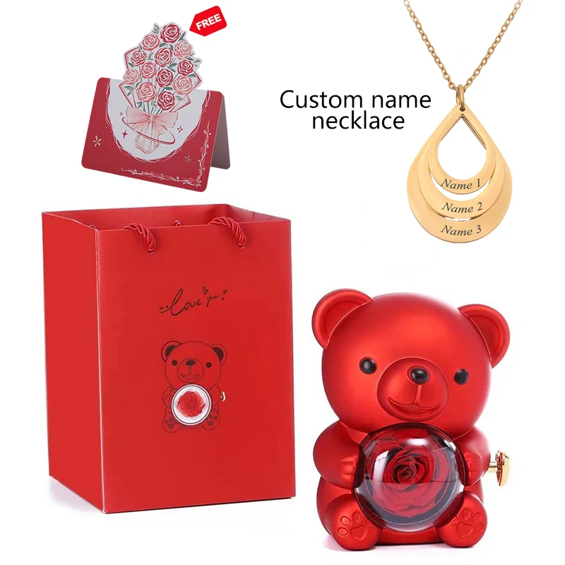 

Engraved necklace Cute teddy bear with timeless rose gift for Valentine's Day, Mother's Day, wedding anniversary gift