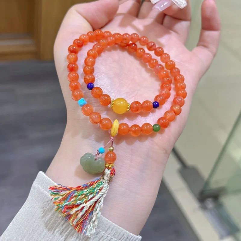 

New Chinese style Baoshan South Red Agate Design Bracelet Women's Double Circle Hotan Jade Ruyi Tassel Hand String Jewelry Gift