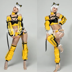 Sexy Festival Rave Outfit Gogo Dancer Costume Women Yellow Leather Pole Dance Clothing Bar Nightclub Dj Ds Stage Wear XS6208