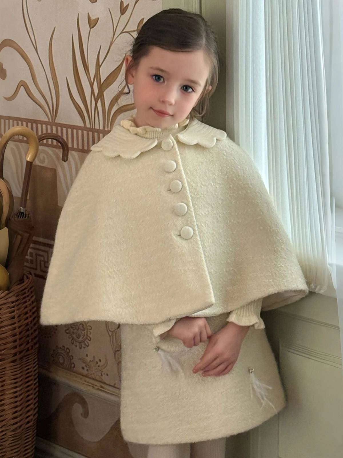 Women's Doll Collar Cape Set – Korean Style Wool Blend Outerwear with A Line Skirt, 2 Piece Christmas Outfit for Fall Winter