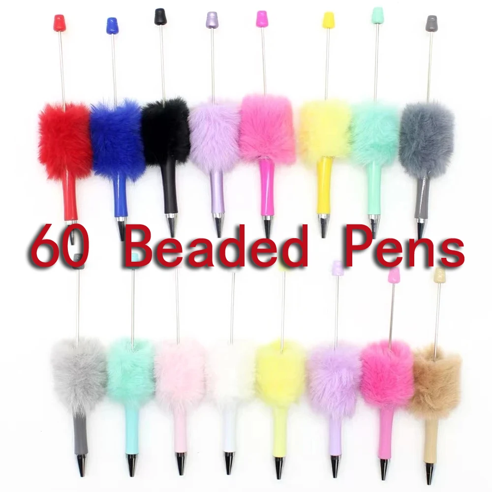 60Pcs Plush Bead Pen Creative DIY Plush Beaded Ballpoint Pens Beadable Pen Cute Style Plush Cute Stationery Office Accessories