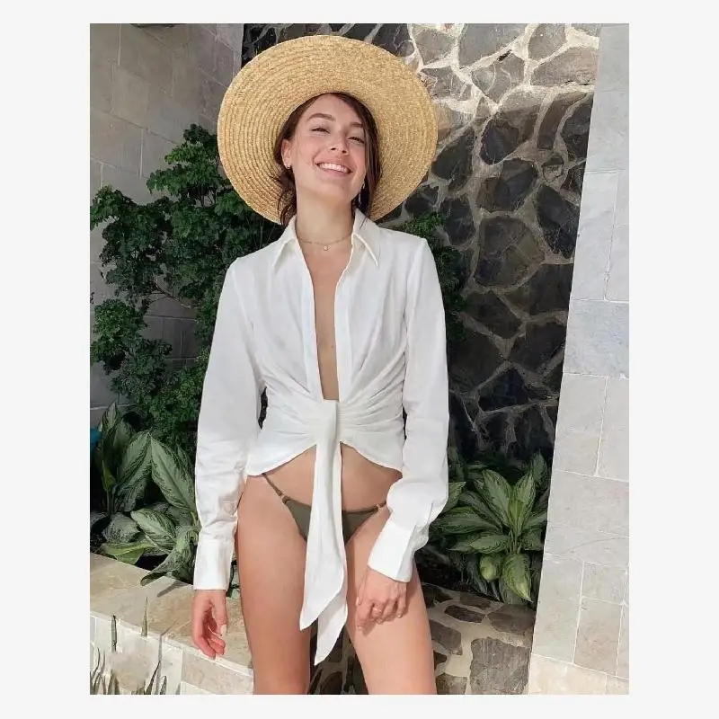 

Elegant White Vintage Bow Summer Top Women's Long Sleeve Shirt Collar Pure Color Commute Style Regular Length Blouse