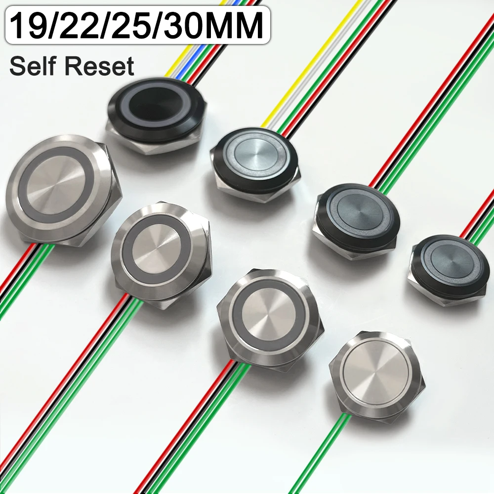 19/22/25/30MM ultrakurzer Metall-Drucktastenschalter mit Draht Wasserdichter Momentaner Selbstrückstellungs-Mini-Druckschalter 12V 24V 220V