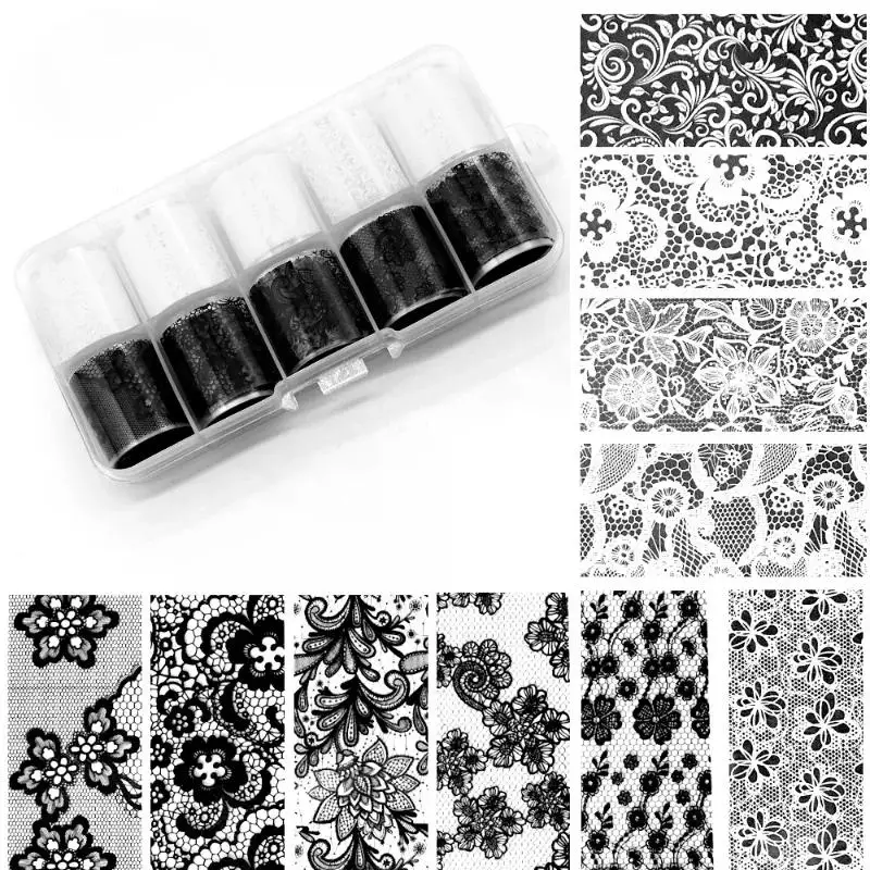 10 Rollen/Box weiß schwarz Nagel Transfer Aufkleber Spitze Nail Art Folien Set Papier DIY Maniküre Nagel Dekoration Zubehör