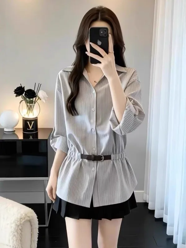 

Slimming Striped Shirt Long Sleeve Commute Style plus Size Women's Collar Polyester Casual Top Cover Belly