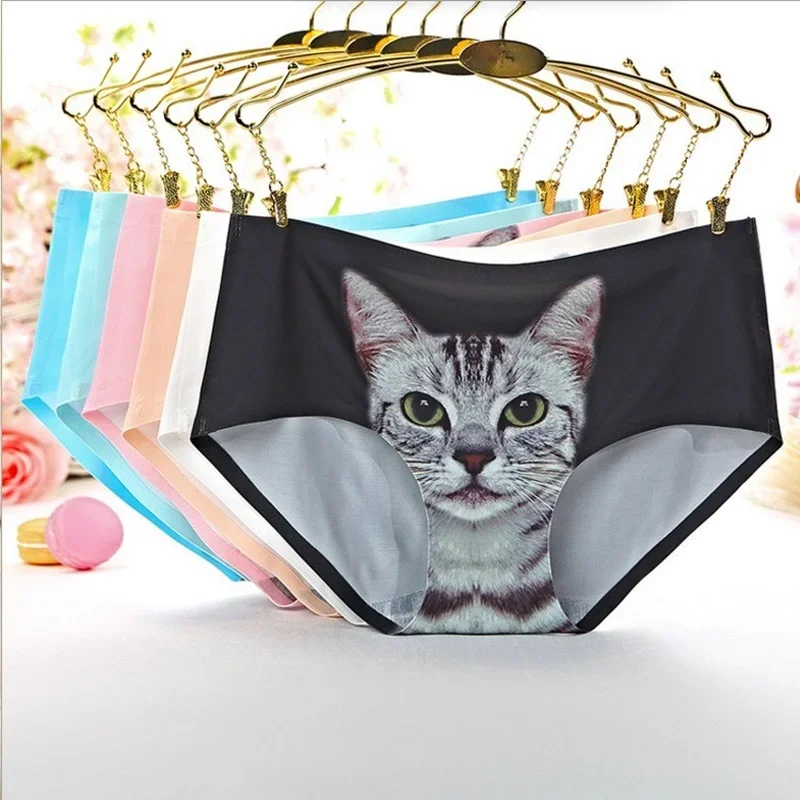 Seamless Ice Silk Female Panties Girl Cute Cartoon Cat Head Briefs Mid-waist Hip-lifting Panties Ladies 3D Cat Panties Sexy