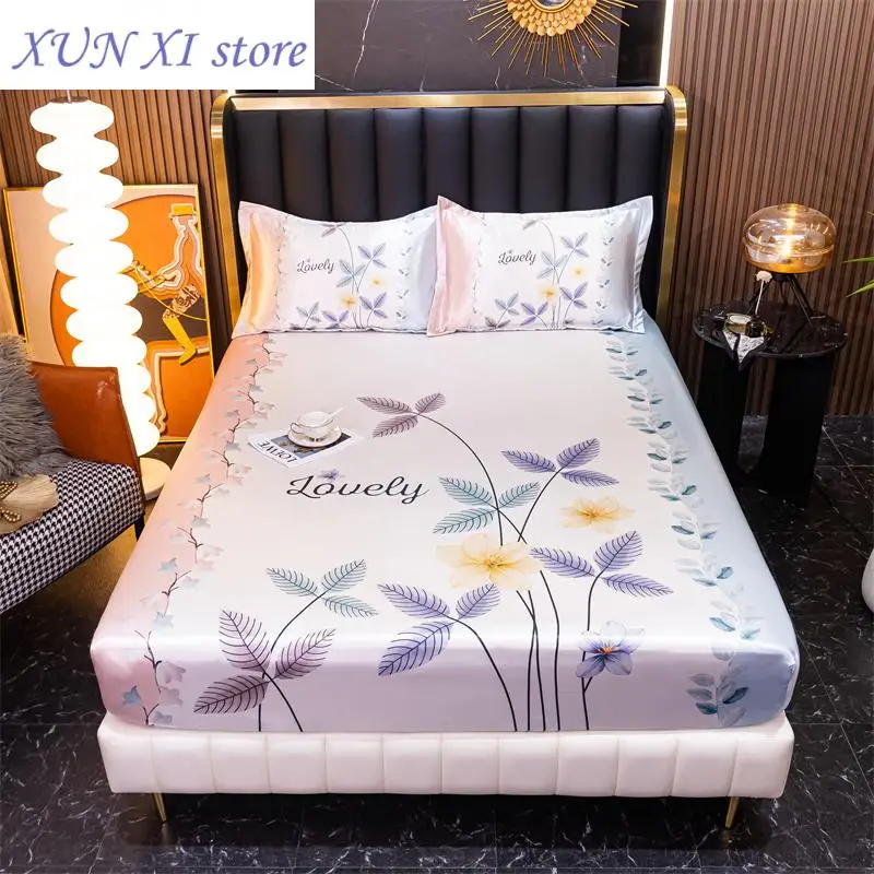 

New Satin Bed Sheets for Summer Ice Smooth Mattress Cover 180x200 Floral Printed Fitted Sheets 150x200 (pillowcase need order)