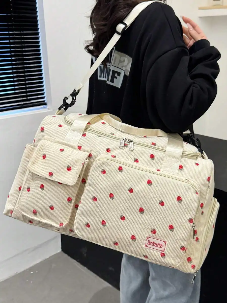 

Strawberry Print Corduroy Travel Duffel Bag With Adjustable Shoulder Strap Large Capacity For Tourism Sports Fitness