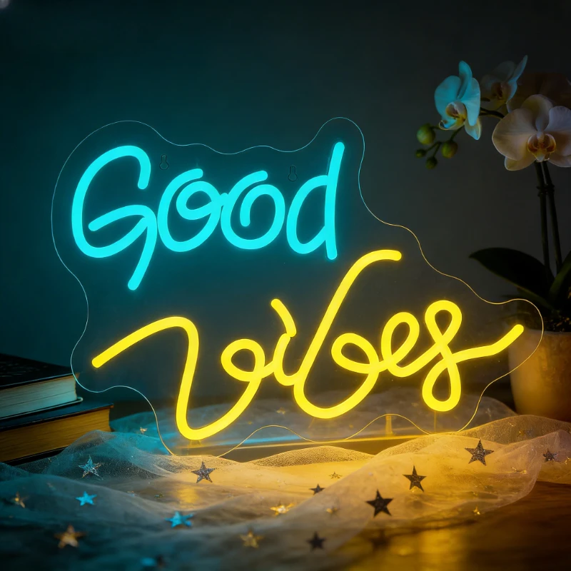 

Good Vibes Neon Sign LED Night Light USB Rechargeable Aesthetic Room Decor Lamp for Bedroom Living Room Dorm Party Gift
