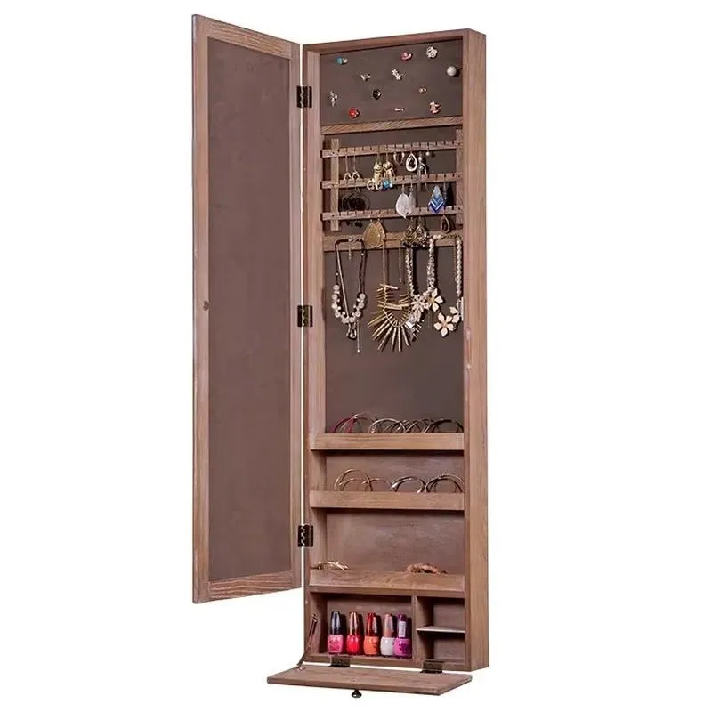 Solid Wood Wall Mounted Jewelry Cabinet with Mirror Multifunctional Storage for Bedroom Bathroom Kitchen Farmhouse Home