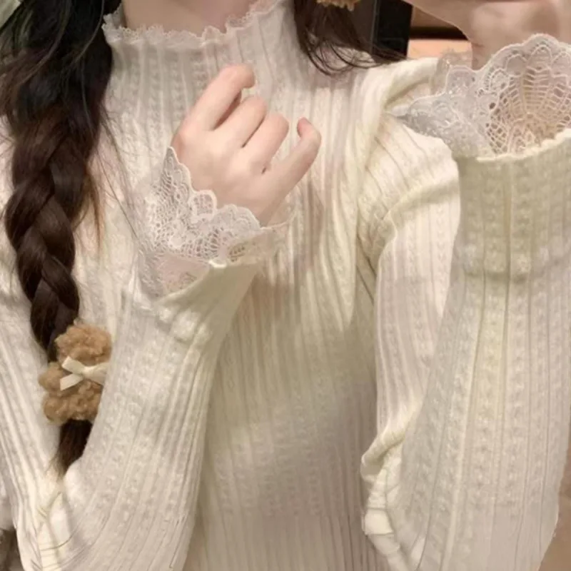 

Autumn Winter Lace Splicing Knitted Bottoming Shirt Women's Foreign Style Inner Slim Top Design Sense Temperament Sweater