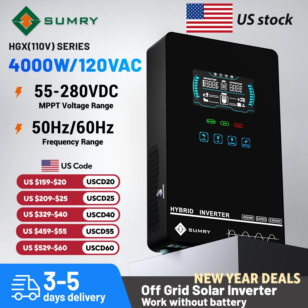 Sumry 4KW 120V Off Grid Solar Inverter 24V 140A 5600W MPPT Charger Pure Sine Wave Home Inverter 6.25 Inch LCD Display
