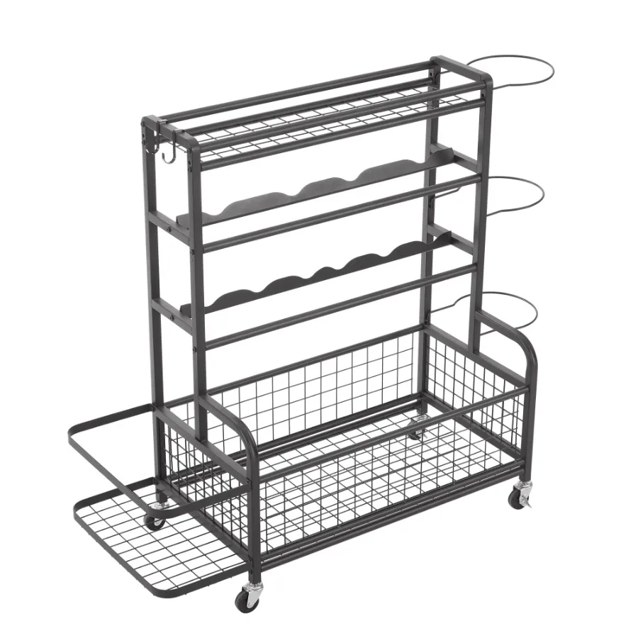 

4-Tier Metal Sports Equipment Storage Rack with Rolling Wheels Baskets and Hooks-for Ball Yoga Mat and Barbell