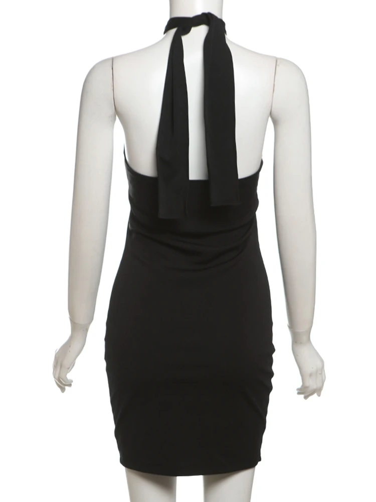 Kliou-Mini Vestidos con cordones y cuello Halter para Mujer, Vestidos clásicos lisos sin mangas con hombros descubiertos, Vestidos moldeadores para el cuerpo, vestido de fiesta de cumpleaños para Mujer