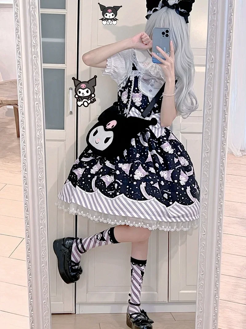 Sanrioed  Lolita Dress My Melody Cinnamoroll Kuromi Cute Sweet Print Princess Dress Bow Lace Party Strap Dresses Lolita Skirt