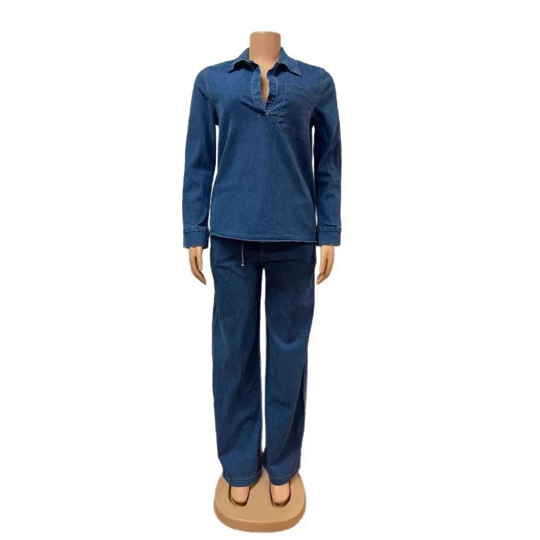 

2025 Spring Summer Casual Denim Women Suits Fashion Vintage Turn-down Collar Pocket Shirts+Chic Drawstring Wide Leg Pants