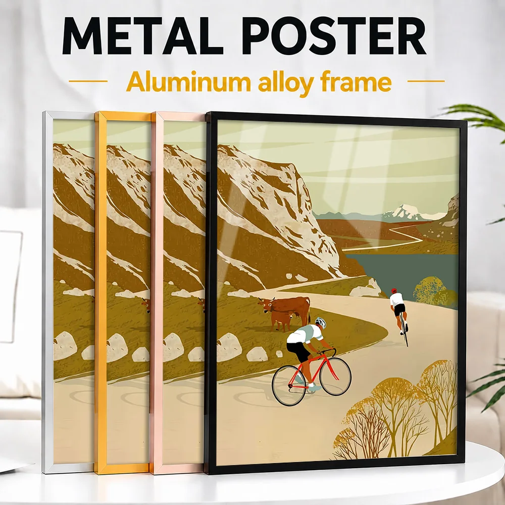 Cycling Through Mountains Metal Poster With Aluminum Alloy Frame Personalized Photo Outdoor Adventure Style Wall Art For Cabin