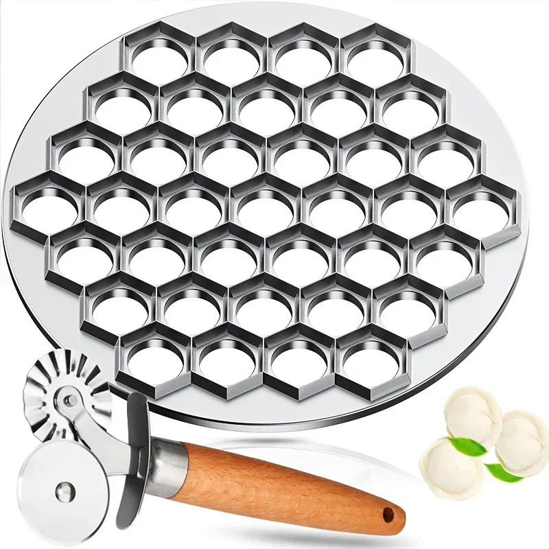 Pelmeni Dumpling Mold Metal 37 Hole Pastry Press with Wooden Handle Double Wheel Pasta Cutter for Ravioli and Dumplings