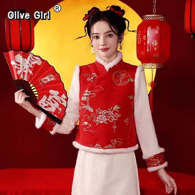 

Жилет Olivegirl, красный, жаккардовый, с мехом, новинка 2026 года, женская зимняя одежда, жилет в китайском стиле, хлопковая куртка, верхняя одежда