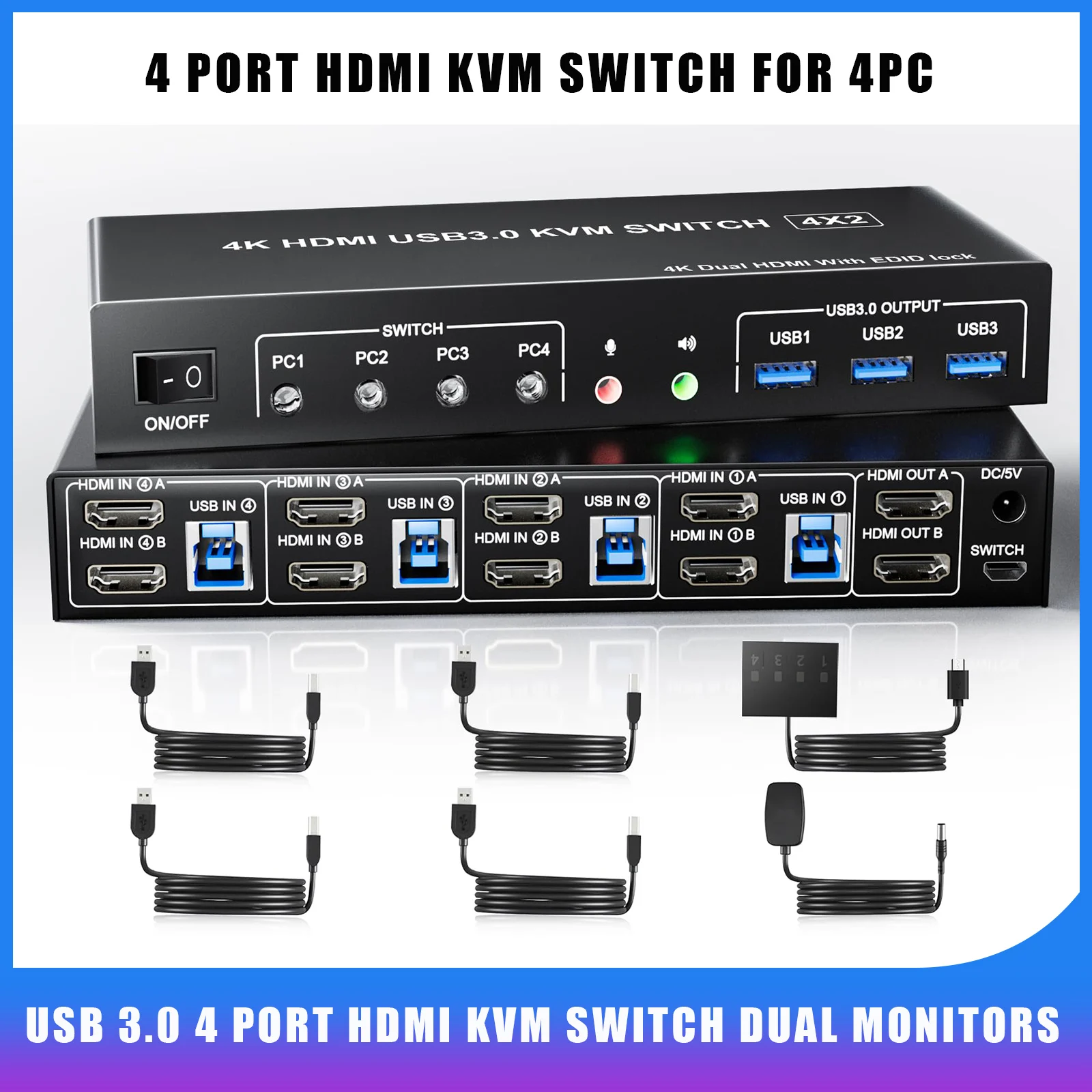 

USB 3.0 Displayport+HDMI KVM Switch 2 Monitors 4 Computers, 4K@60Hz KVM Switch Dual Monitor 4 PC with Audio Microphone