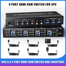 USB 3.0 Displayport+HDMI KVM Switch 2 Monitors 4 Computers, 4K@60Hz KVM Switch Dual Monitor 4 PC with Audio Microphone