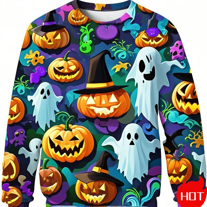 面白いハロウィングラフィックメンズレディーススウェットシャツクリエイティブゴーストパンプキンプリントOネックプルオーバールーズ長袖秋デイリートップ