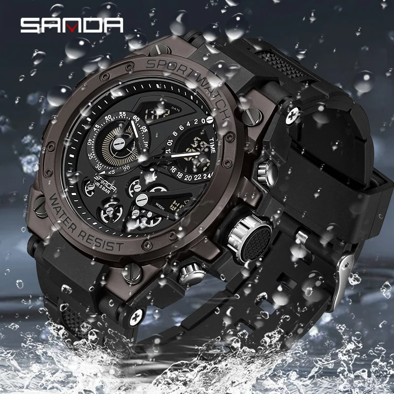 Sanda ساعة رجالي ساعة كهربائية متعددة الوظائف موضة الاتجاه في الهواء الطلق مضيئة ساعة تنبيه مقاوم للماء للصدمات ساعة رجالية 9020