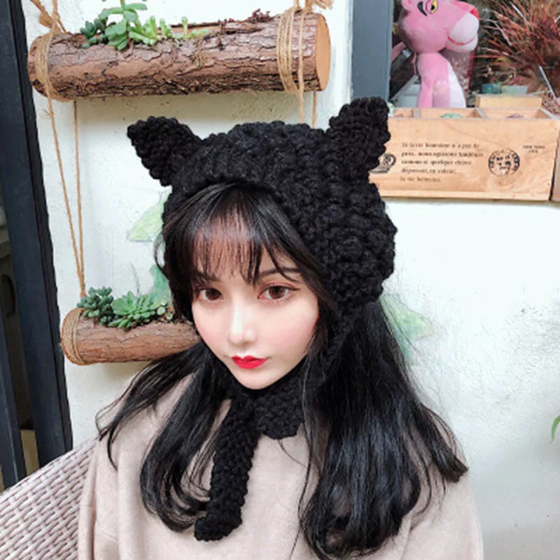 Cute wool earmuffs female winter warm cute cat ears warm retro thick wool knit lace bag earmuffs women's wild style lace hat F21