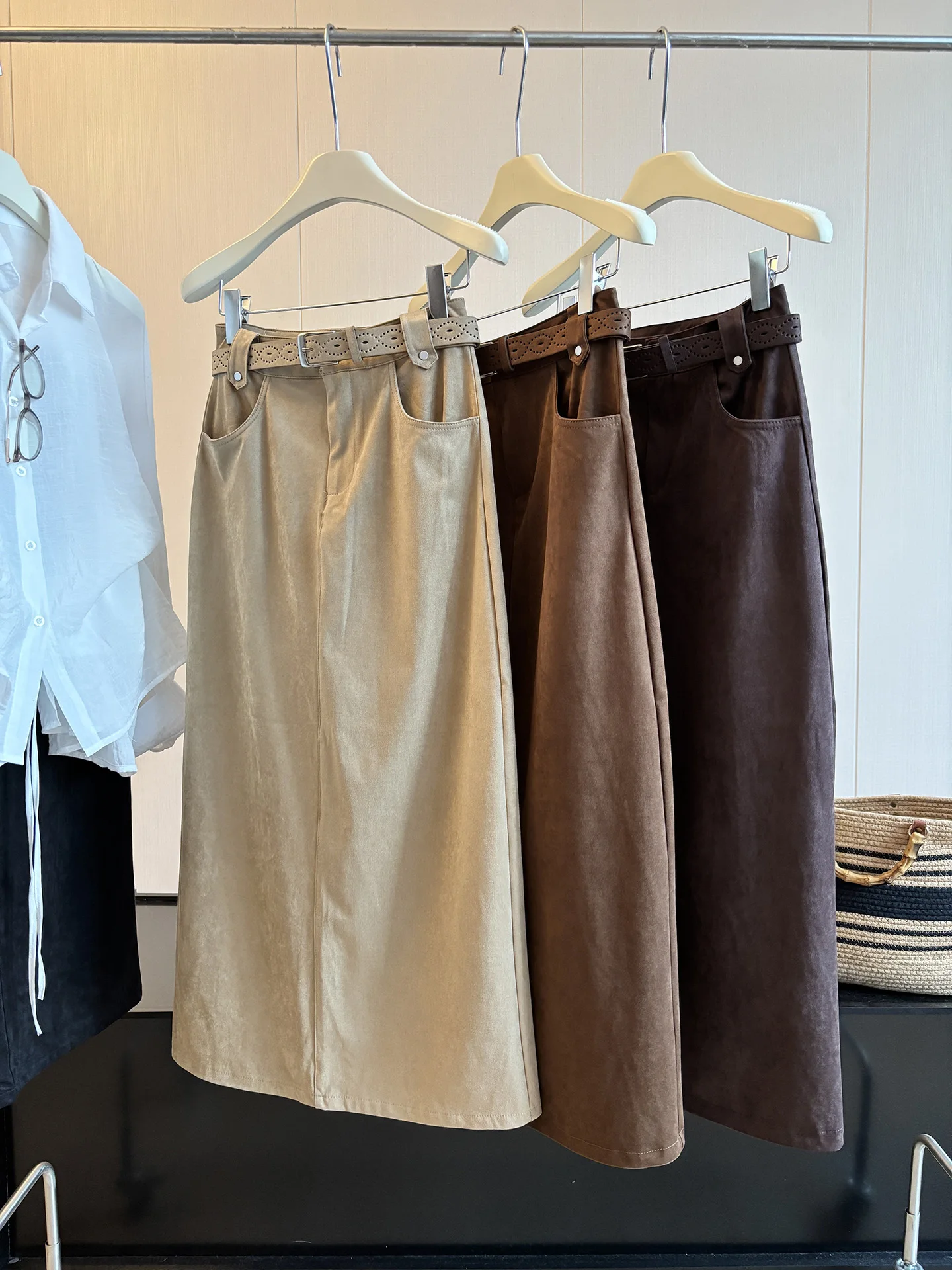 High Waist A-Line Midi Skirt Women's Autumn Versatile Slimming Belted Suede  Skirt Polyester Fiber Standard Fit
