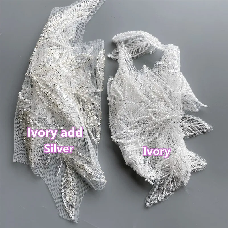 Embroidered Cloth Stickers for Wedding Dress, 3D Beaded Sequins, Lace Leaves, Ivory Flower, Children\'s Clothing Accessories, New