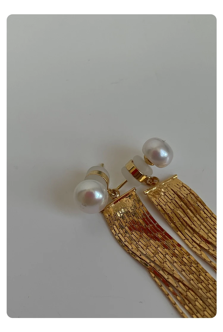 14K Gold Filled Gold Long Tessal Real Pearl Earrings Women Jewelry Party Boho T Show Gown Runway Rare Korean Japan Trendy