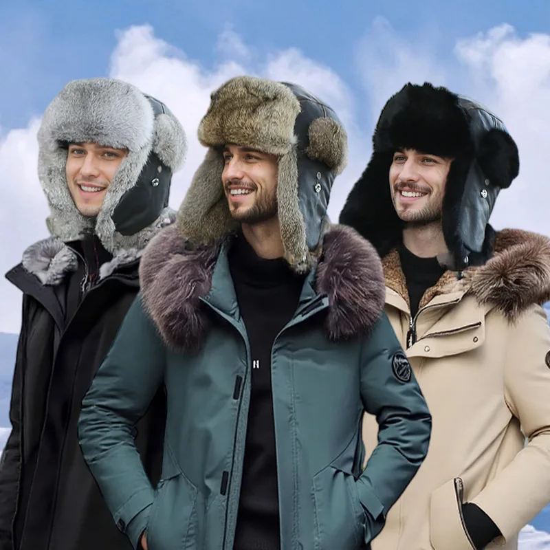 Genuine Rabbit Fur Lined Leather Winter Trapper Hat Thick Warm Ski Cap Pilot Ear Protection Outdoors Style Lei Feng Cap