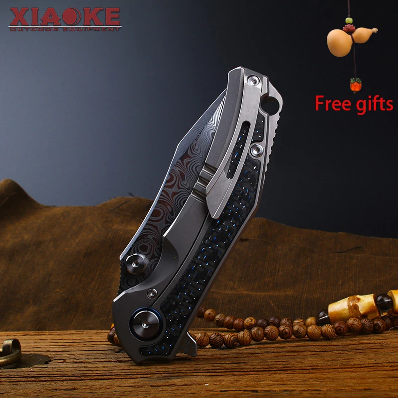 

VG10 Damascus Steel Folding Knife with Titanium Carbon Fibre Handle, Outdoor Survival Tactical Knife, Portable EDC Pocket Knife