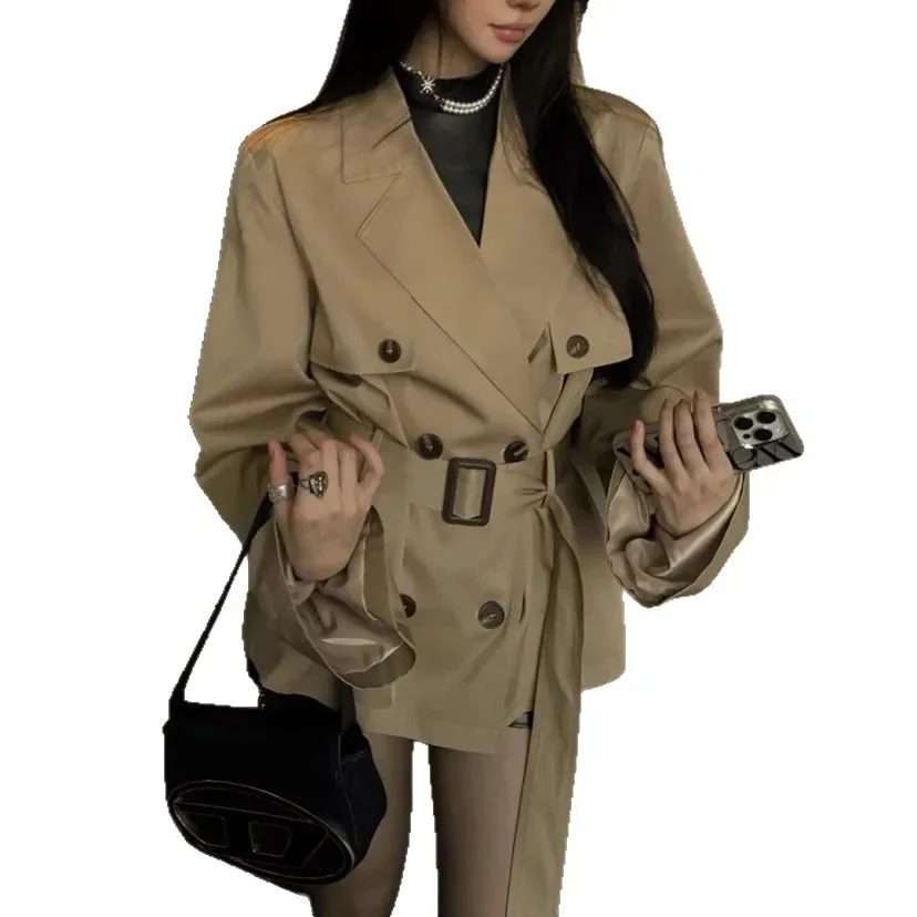 

Short Women's Coat Double Breasted Shoulder Length Spring Autumn New Style Slimming Compact Fabric Windbreaker Jacket