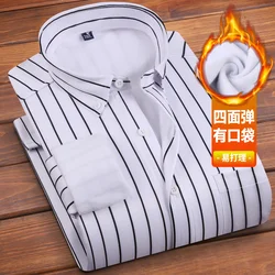 Autumn and winter new warm non-ironing shirt men's long sleeve plus pile thickened casual vertical stripes business social shirt