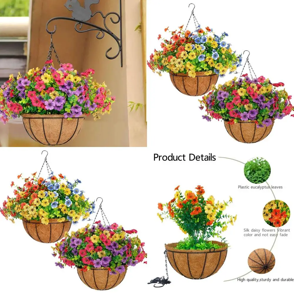 

2 упаковки, 12 подвесных корзин для растений с 26 искусственными цветами для наружного и домашнего декора, многоцветные шелковые цветочные композиции для P