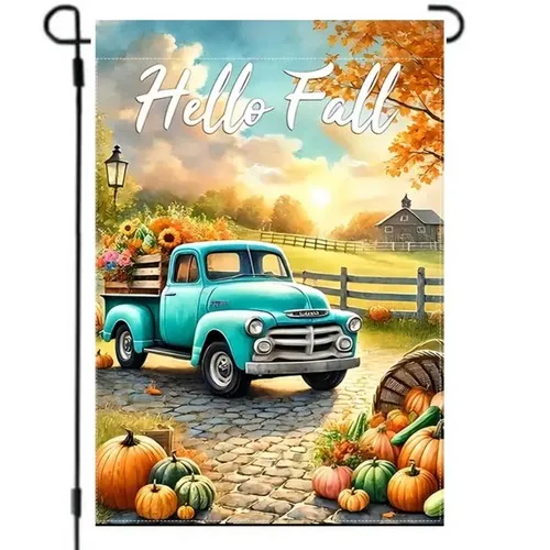 Garden flag, 12” x 18”, Christmas blue truck, burlap polyester double-sided EYY IIX SSL