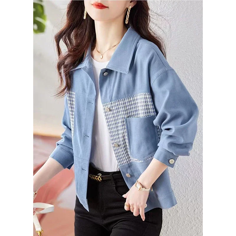 Fashion Lapel Pockets Spliced Printed Houndstooth Coats Female Clothing 2024 Autumn Winter New Loose Korean Tops Casual Jackets