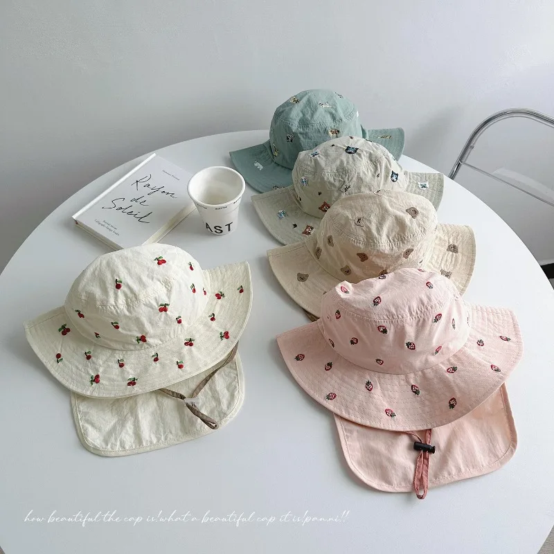 Summer Thin Young Kids Sunshade Hat Korean Fashion Cartoon Protect Neck Bucket Hat 1-4 Year Baby Soft Breathable Waterproof Hat