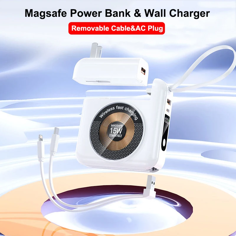 20000mAh Magsafe Power Bank With Removable Cable AC Plug Wall Charger 22.5W Fast Charging for iPhone 16 Xiaomi Samsung Powerbank