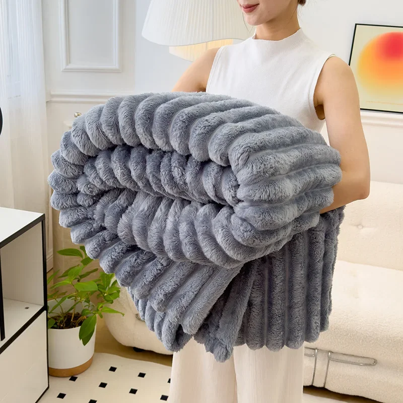 Stripe Imitation Rabbit Plush Blanket Bedroom Bedding Sofa Lunch Break Holiday Gift Multifunctional Soft Warm Plush Home Blanket
