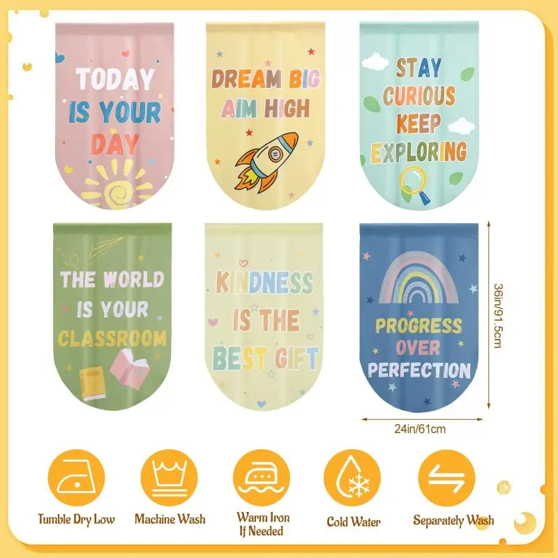 VIKAMA 6pcs Inspirational Quote Pennant Flag Fabric Window Valance Back To School Classroom Window Hanging Decor