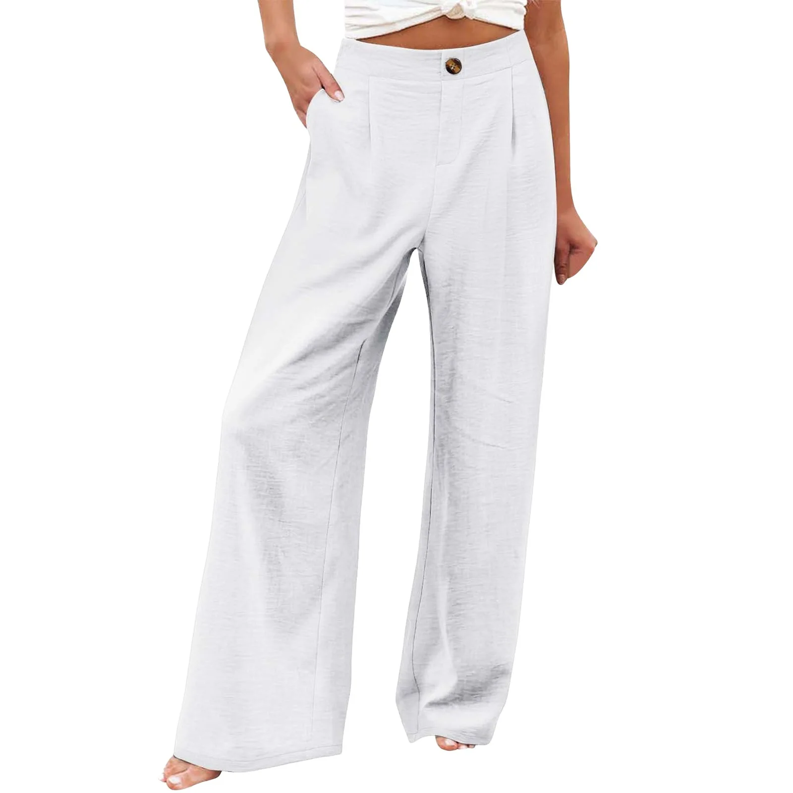 2025 Summer Comfortable High-waisted Trousers Button-elastic Waist Wide-leg Trousers Women's Casual Straight-leg Trousers