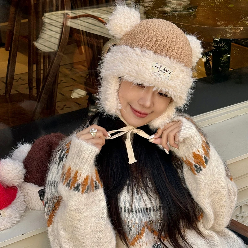 ELFSACK Y2K Cute Plush Hat Ear Flap Solid Tie Beanie For Women