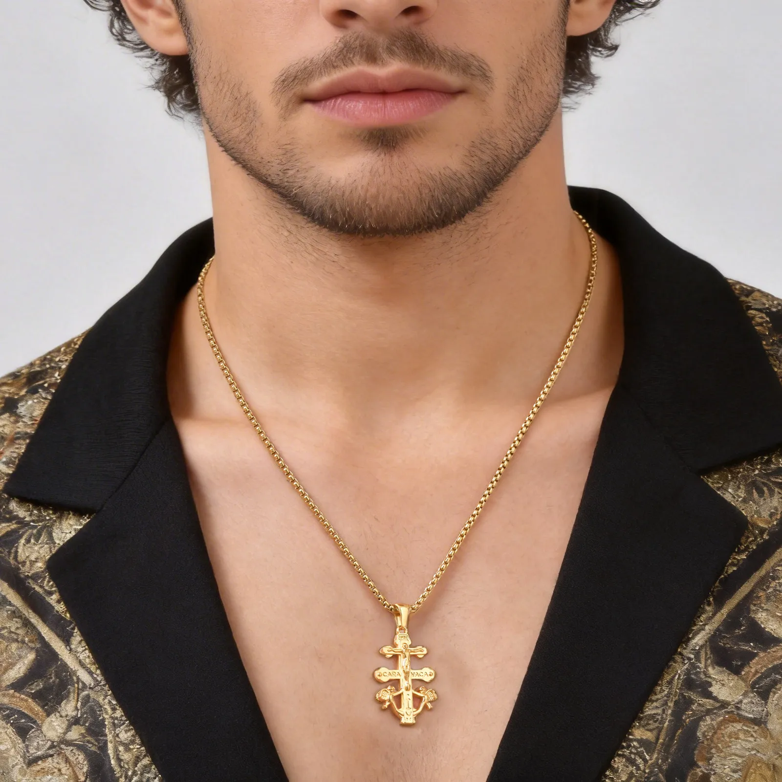 Vnox Caravaca Cross Pendant Necklace, Jesus Crucifix Charms Catholic Jewelry, Gold Color Double Cross with Angels for Men Women
