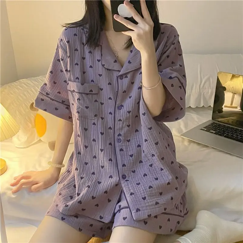 Gauze Pajamas Female Summertime Shorts Cardigan Thin Online Celebrity. Outer Wear Summer. Short Sleeve Loungewear Japanese Style